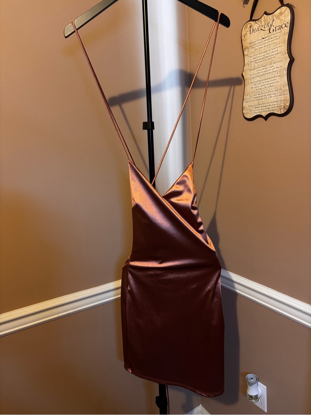 Satin Slip Mini Dress in Bronze Copper With Strap Across Back Size S